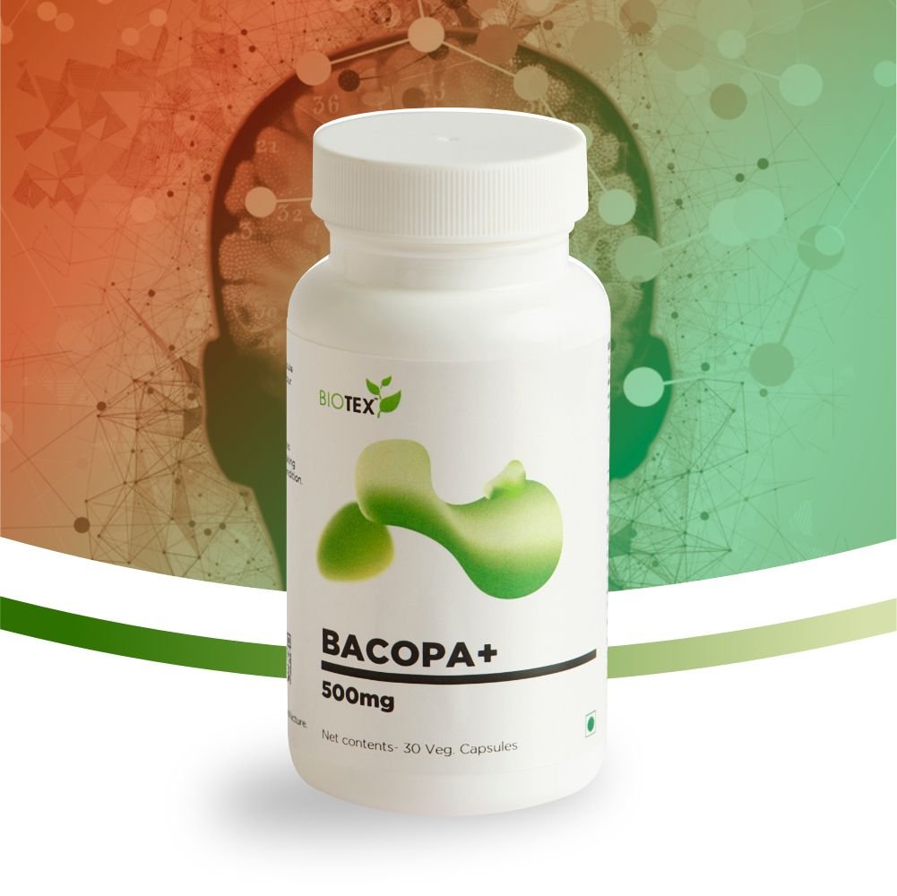 Biotex Bacopa+ supplement bottle - Brahmi extract capsules for daily cognitive and neurological support