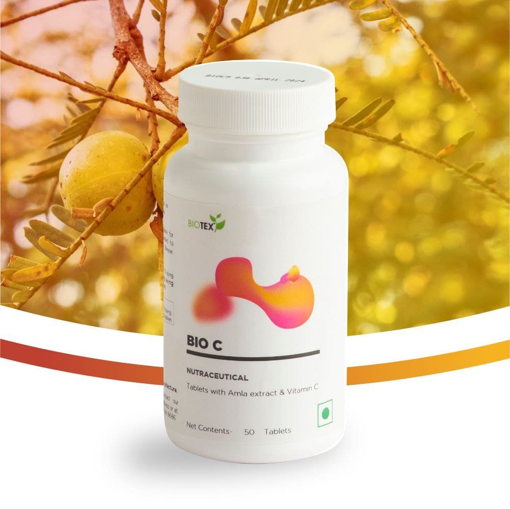 Biotex Bio C supplement packaging - Natural Vitamin C tablets derived from Amla extract