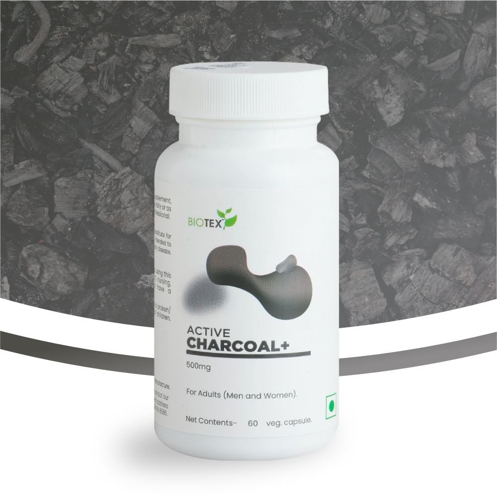 Biotex Active Charcoal+ capsules bottle packaging for daily wellness and nutritional support