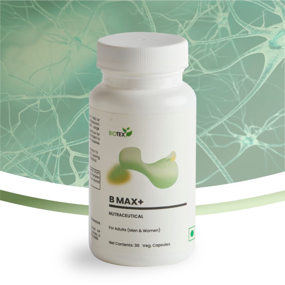 Biotex B MAX+ supplement bottle - Herbal Extract Complex capsules for daily nutritional support