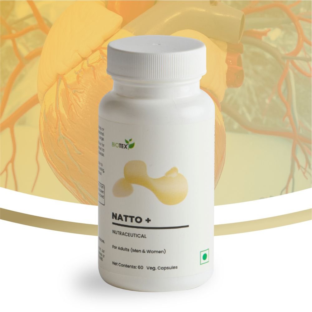 Biotex NATTO+ nutraceutical capsules bottle - Nattokinase enzyme and turmeric extract formula for daily wellness