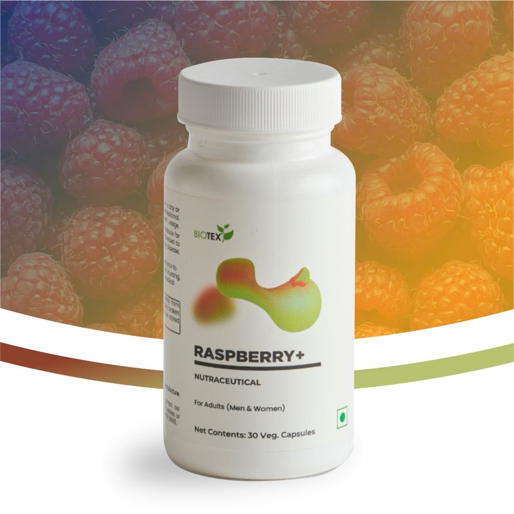 Biotex Raspberry+ supplement bottle - Plant-based nutraceutical capsules for daily metabolic wellness and antioxidant support