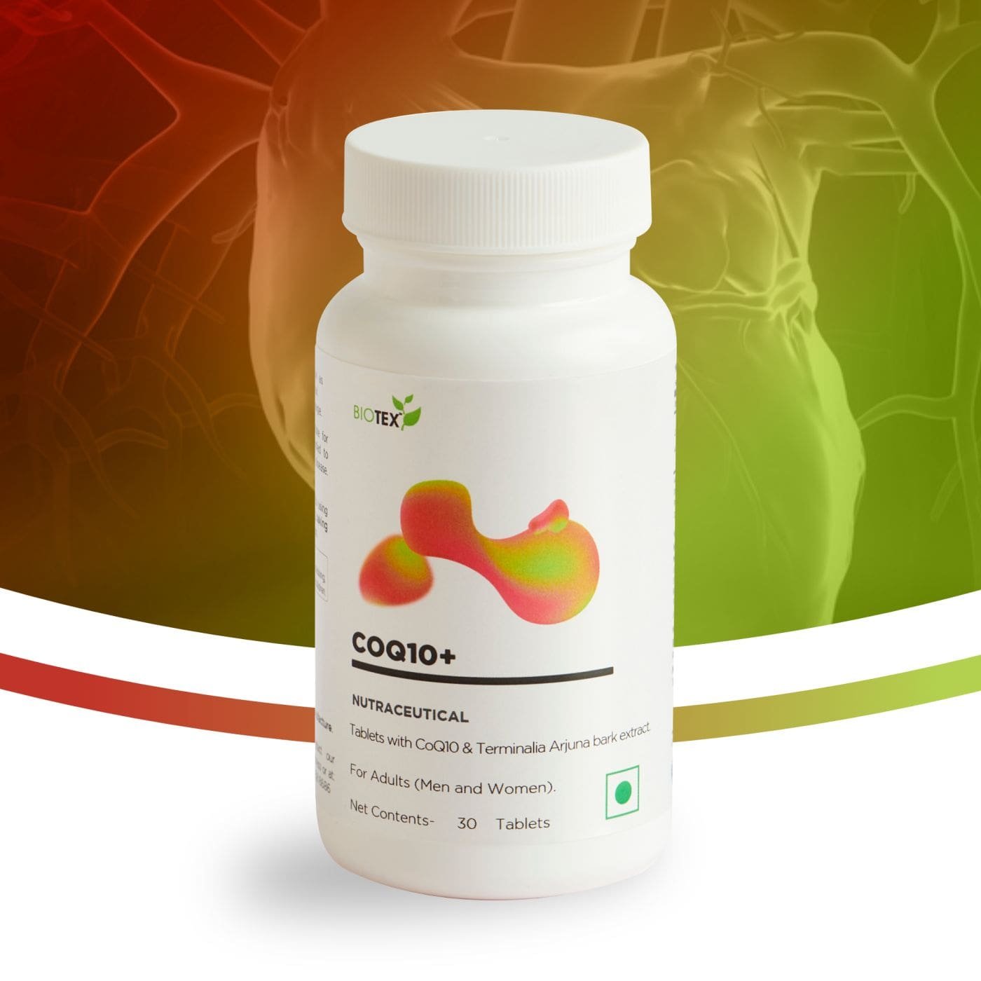 Biotex CoQ10+ supplement bottle - Coenzyme Q10 tablets with Arjuna bark and Brahmi extract