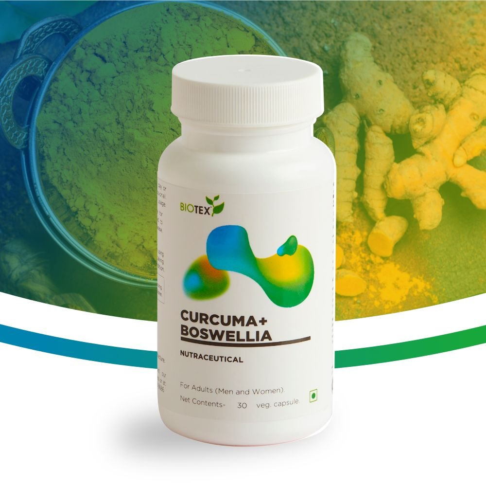 Biotex Curcuma Boswellia supplement bottle - Joint health and mobility support herbal capsules