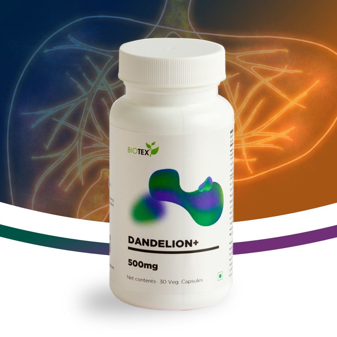 Biotex Dandelion+ supplement bottle - Herbal liver support and general wellness complex capsules