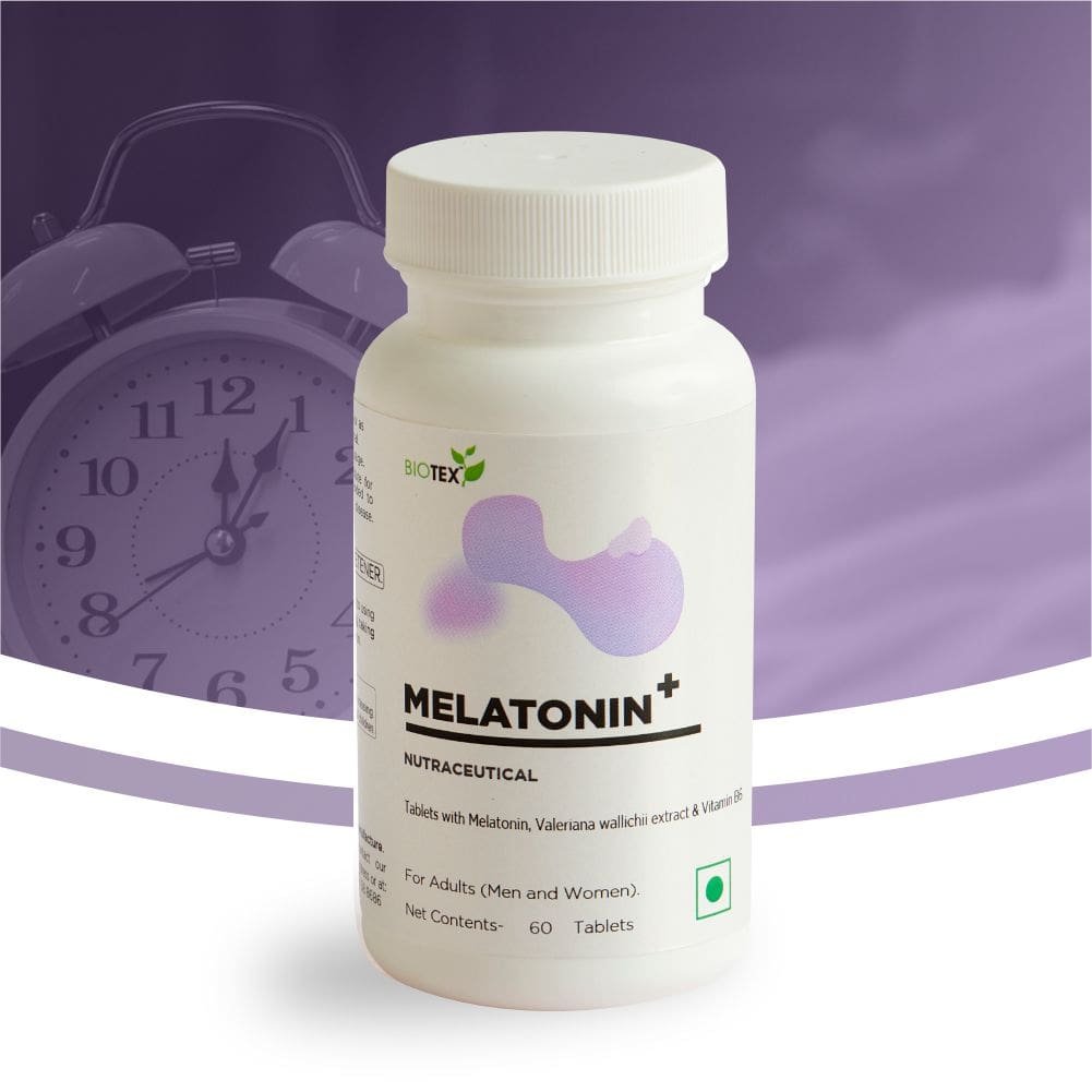 Biotex Melatonin+ supplement bottle - Relaxation support formula tablets for a restful sleep routine