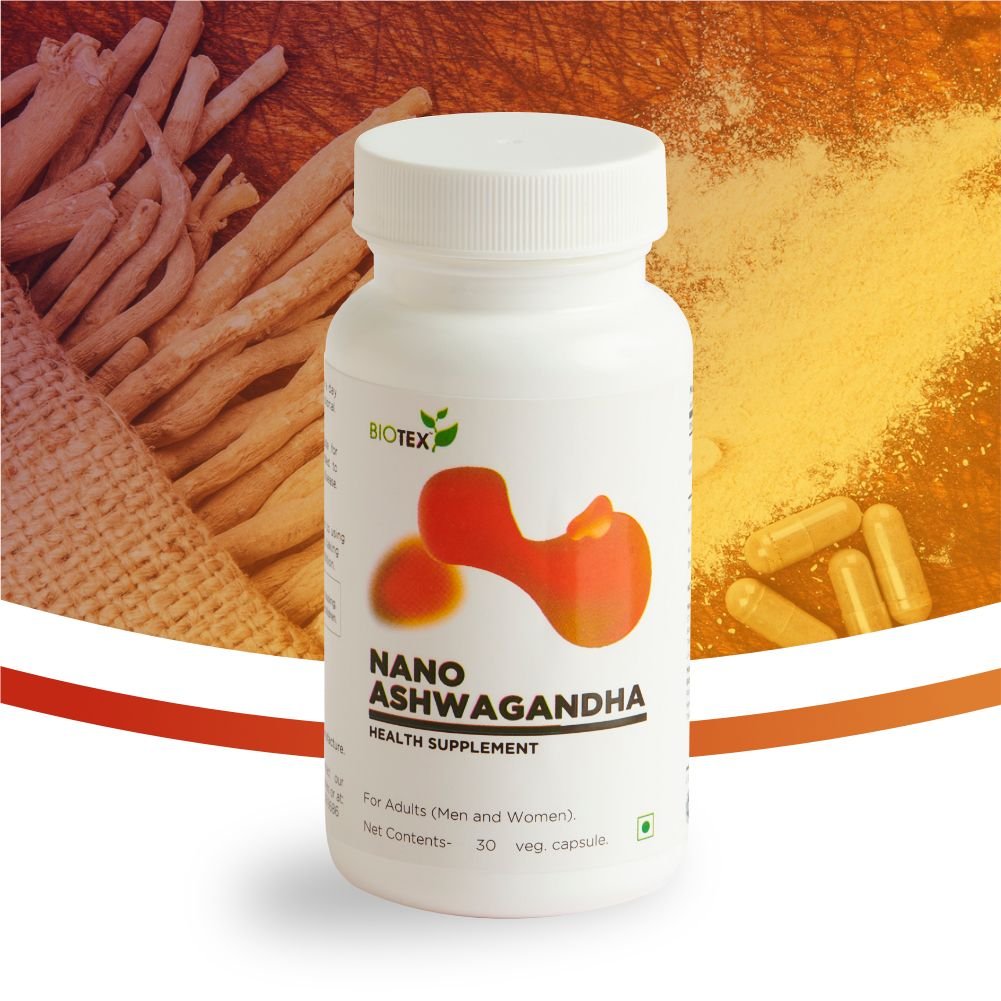 Biotex Nanoashwagandha supplement bottle - High-absorption Ayurvedic Ashwagandha capsules for stress support and mental wellness