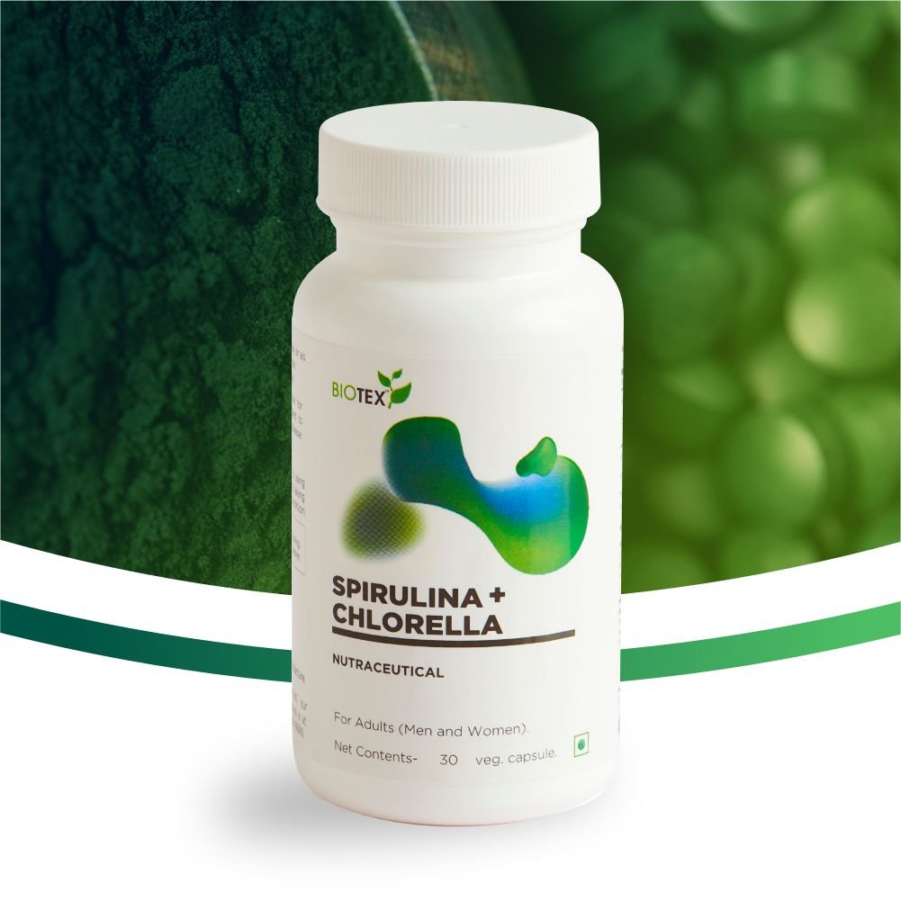 Biotex Spirulina Chlorella supplement bottle - Superfood antioxidant blend capsules for rejuvenation