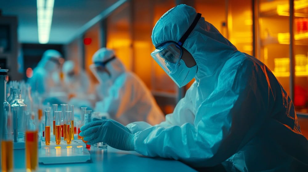 Scientist in full protective gear working with yellow liquids in a lab