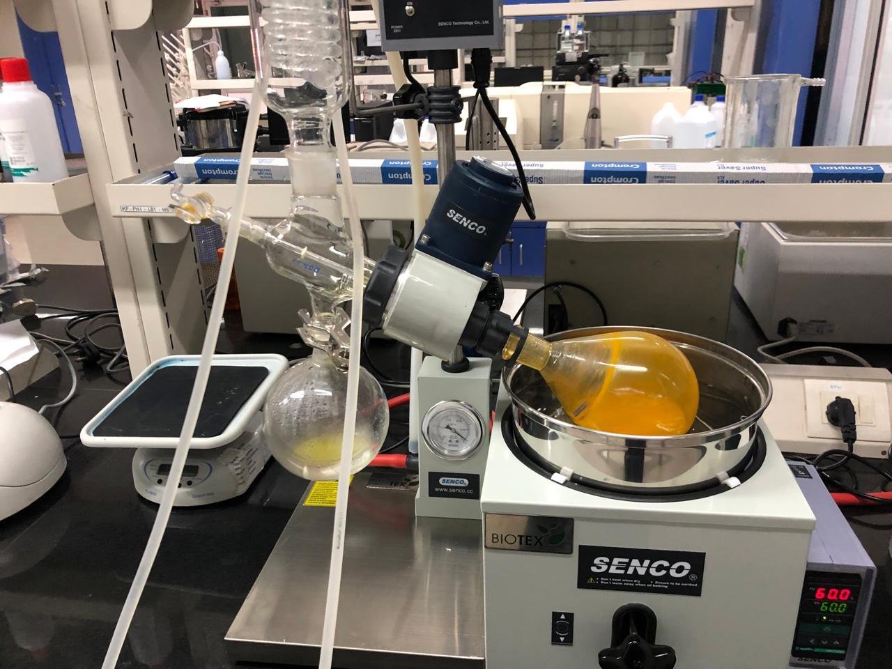 Rotary evaporator with an orange liquid in a round bottom flask spinning in a water bath